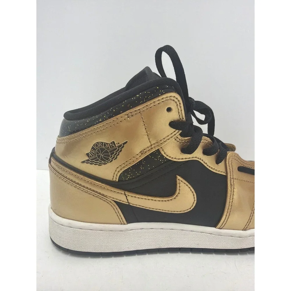 Air Jordan 1 Mid SE GS Black Metallic Gold Sneakers DR6967-071 Kids Size 7Y - Picture 7 of 8